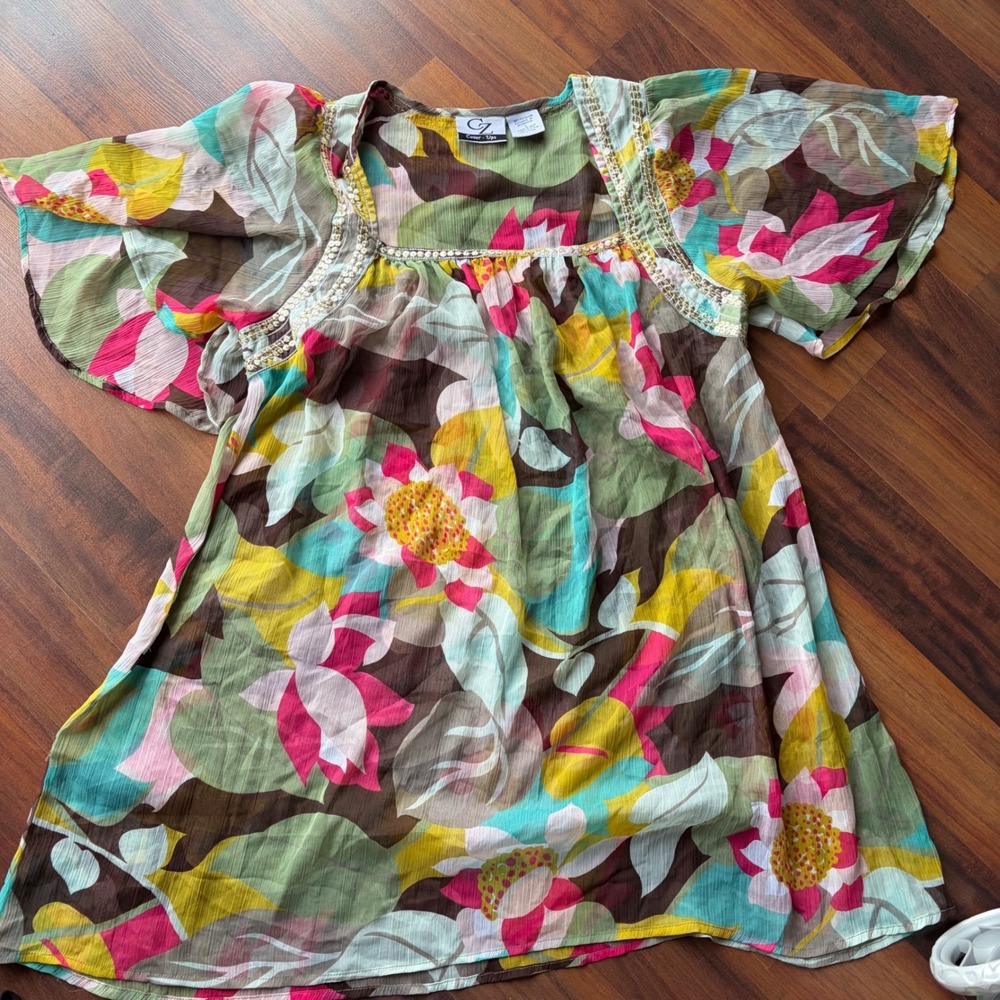 CZ Cover-Ups Floral‎ Sequin V-Neck Kaftan Beach Cover Up Large Pink Yellow Brown